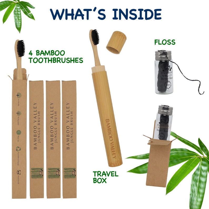 May include: A set of four bamboo toothbrushes with black bristles, a travel case, and a glass jar of black dental floss. The toothbrushes are packaged in brown cardboard boxes with the text "Bamboo Valley Jungle Brush". The floss is packaged in a glass jar with a silver lid and the text "Bamboo Valley Dental Floss".