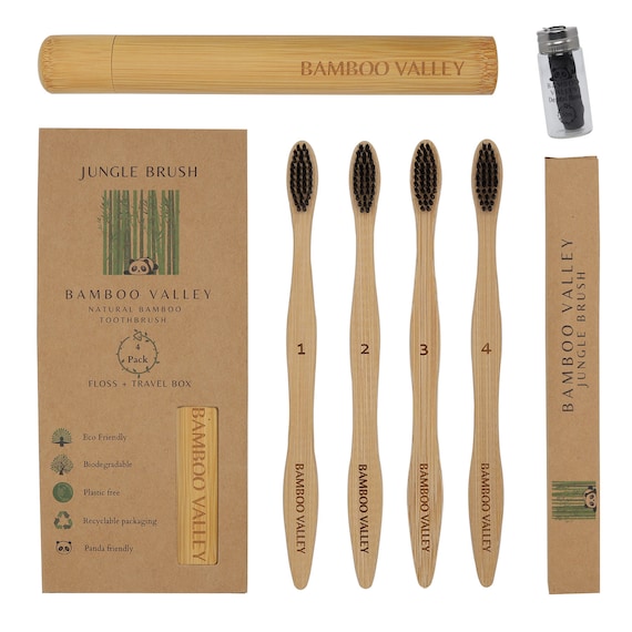 Bamboo Toothbrush x 4 For Adults | Dental Floss and Travel Box | Eco Friendly Family Toothbrush Gift | Biodegradable Brush | Eco Brush
