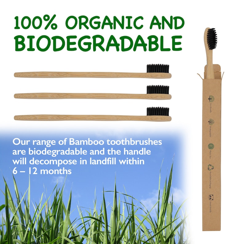 May include: Three bamboo toothbrushes with black bristles, packaged in a cardboard box. The box is labeled "100% Organic and Biodegradable". The toothbrushes are biodegradable and will decompose in landfill within 6-12 months.