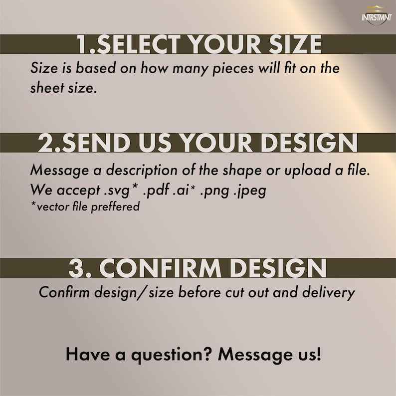 May include: A beige graphic with instructions for custom design orders. Text includes "1. SELECT YOUR SIZE", "2. SEND US YOUR DESIGN", and "3. CONFIRM DESIGN". The image also states accepted file types and encourages customers to message with questions.