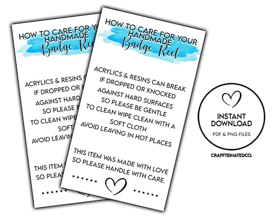 READY TO PRINT Badge Reel Care Instructions Card, Printable, Small