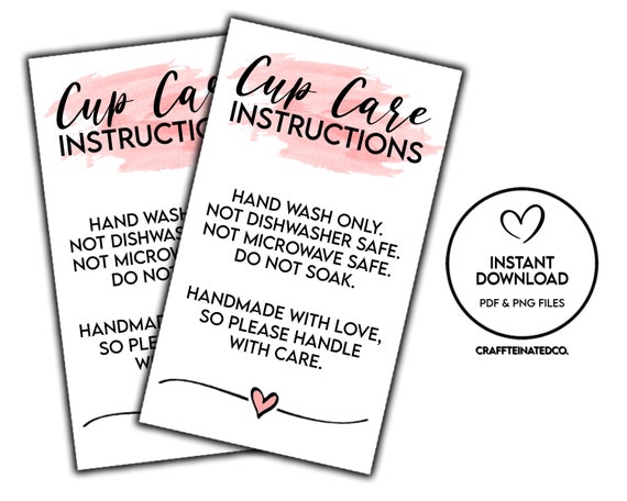 READY TO PRINT Tumbler Cup Care Instructions Card, Printable