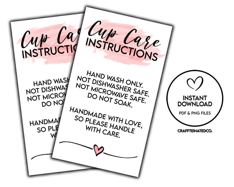 READY TO PRINT Tumbler Cup Care Instructions Card, Printable, Small Business Supplies, Washing Instructions, Digital File 