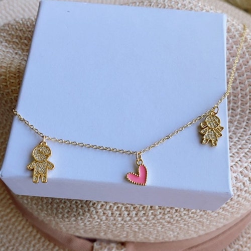 Rhinestone Boy and Girl Charms Necklace New Mom Gift Gold Etsy