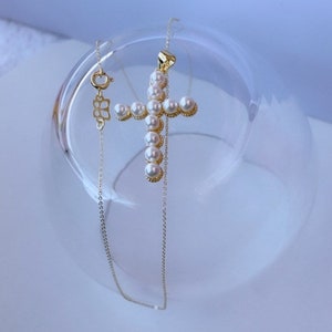 14k GF Dainty Necklace, Cross Necklace, Pearl Cross Necklace, catholic jewelry, Wedding Gift, Protection Necklace, Religious gift, bride gif