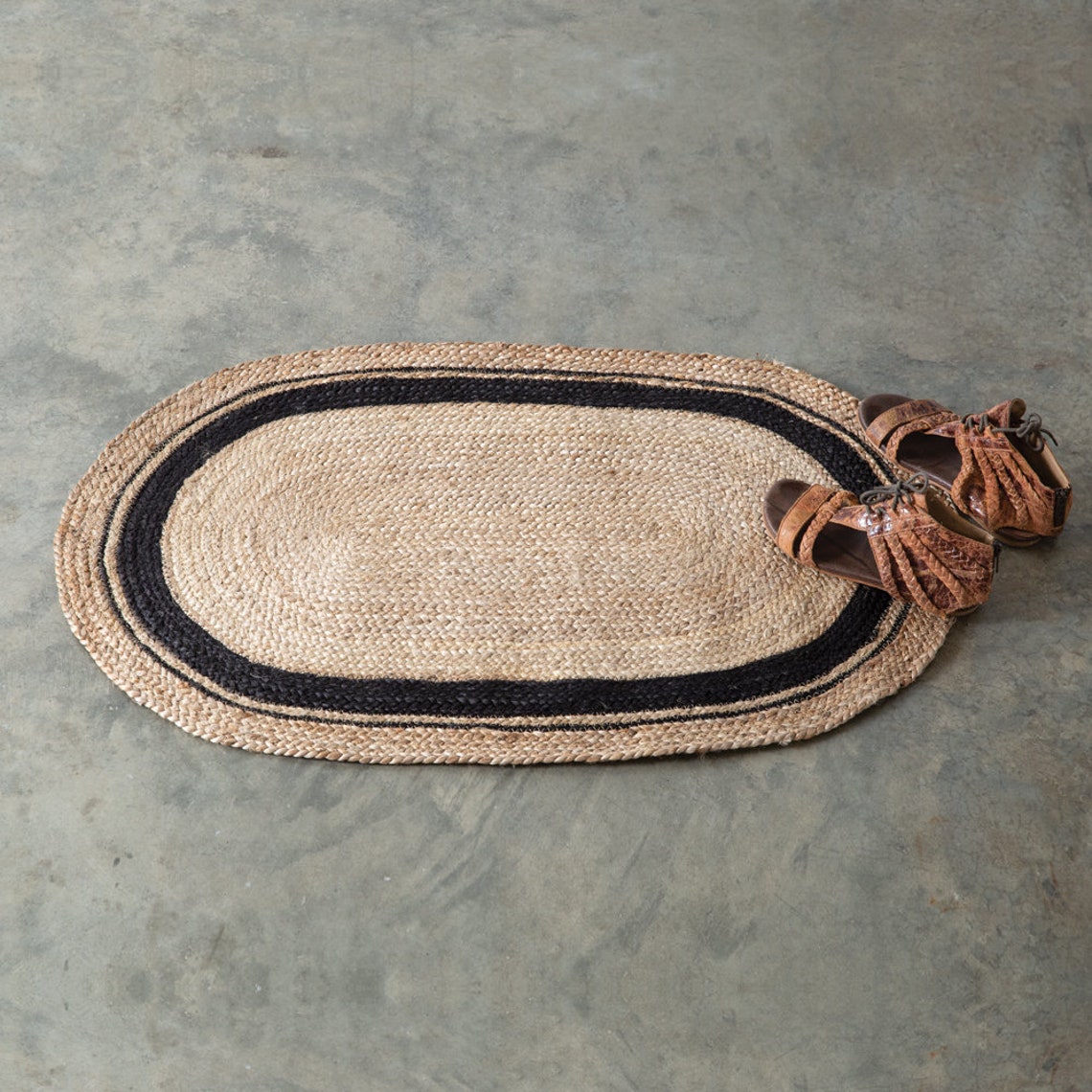 Boho Handwoven Jute Doormat with Black Oval Accents Etsy