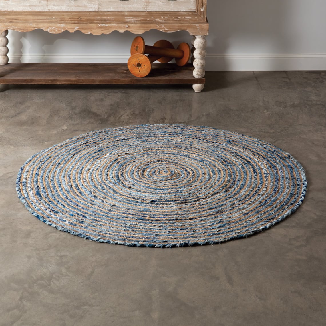 Blue Round Boho Handwoven Denim and Jute Area Rug Etsy