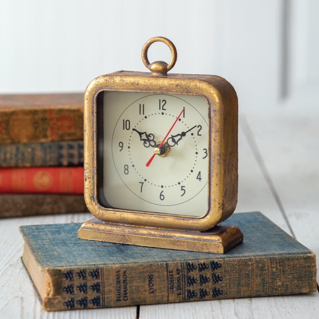 Vintage Inspired Square Tabletop Clock in Distressed Gold Etsy