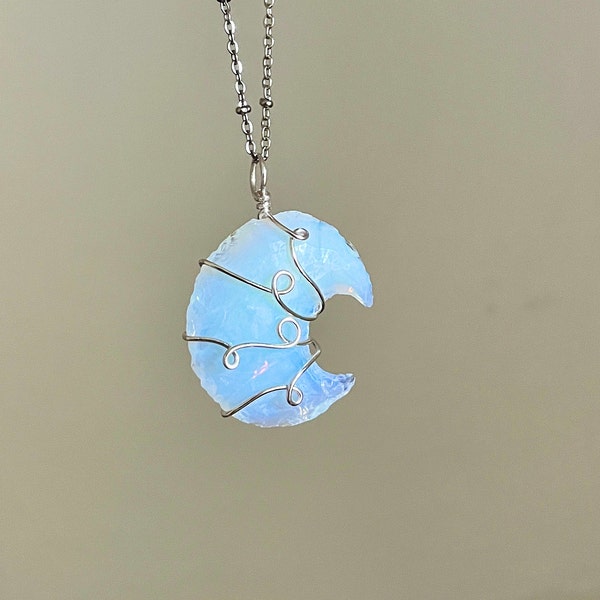 Gold or silver opalite moon necklace