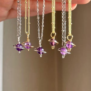 Mini amethyst planet pendants | Celestial saturn jewelry