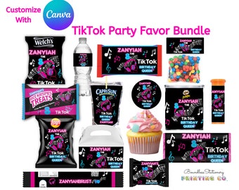 TikTok Party Favor Bundle, Editable Templates, Birthday Party Favor Bundle, Chip Bag, Water bottle Label, Juice Label, fruit snacks, CANVA