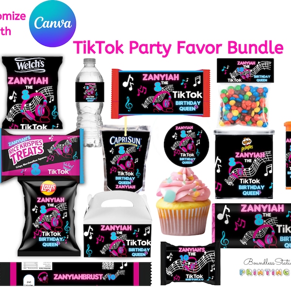 TikTok Party Favor Bundle, Editable Templates, Birthday Party Favor Bundle, Chip Bag, Water bottle Label, Juice Label, fruit snacks, CANVA