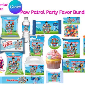 Bearbeitbare Welpen Party Favor Vorlagen, benutzerdefinierte Geburtstagsvorlagen, Jungen Partydekorationen, Chip Tasche, Wasserflaschenetikett, Saftetikett, CANVA