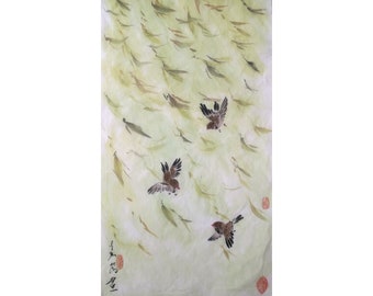 Original Sumi-e painting, brush water-ink painting, Chinese Traditional Art"Happy Spring Breeze"