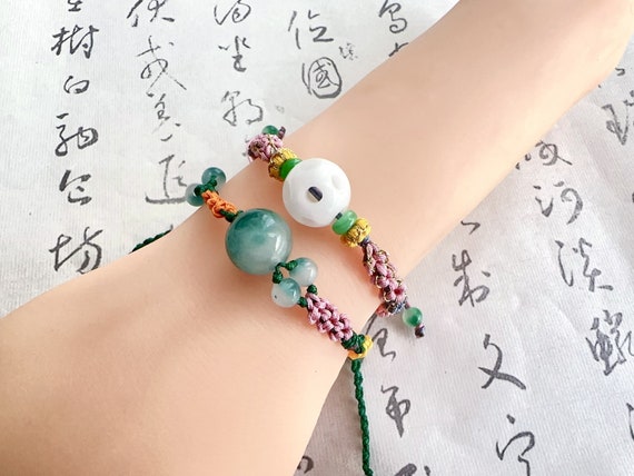 Original Design Natural White & Green Dainty Jade Bracelet/Handmade Amulet Bracelet /Braided Rope Bracelet /Good Luck Bracelet / Adjustable