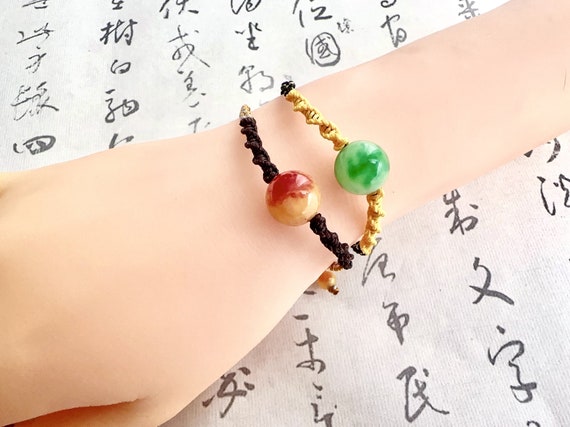 Original Design Natural Yellow & Green Dainty Jade Bracelet/Handmade Amulet Bracelet /Braided Rope Bracelet /Good Luck Bracelet / Adjustable