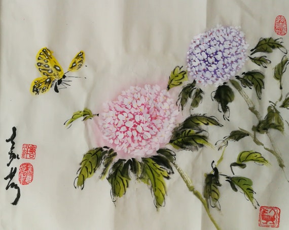 14" x 18"Original Chinese brush water-ink painting "Butterfly & Hydrangea" #002