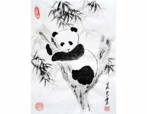 Panda Painting / Original Sumi-e Painting/ brush water-ink painting / Chinese Painting / Hand painting "Panda" /Home Decoration