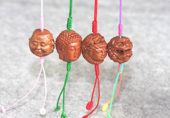 Amulet, Protection and Good Luck Mobile Phone Charm /Carved Peach Wood Buddhism Buddha, GuanYin Face & PiQui/ Braided Rope