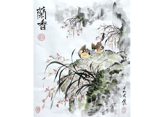 Original Chinese painting / Sumi-e painting / water-ink painting / Orchid and Birds /16" x 20" /40cm x 50cm