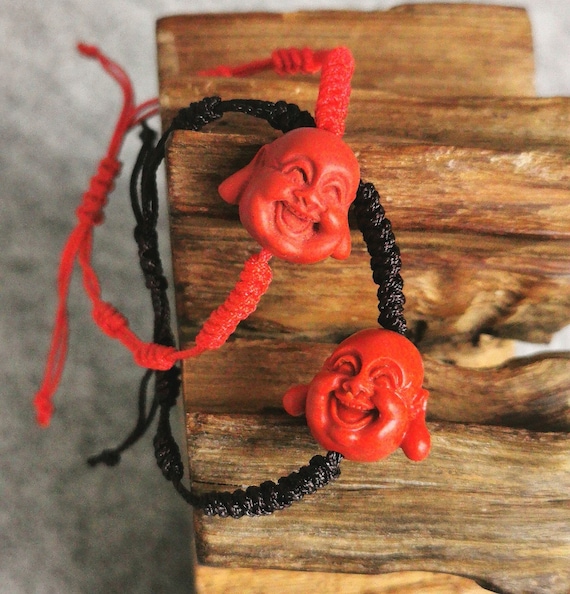 Carved Cinnabar Bead / Happy Buddha Bracelet / Yoga Bracelet / Amulet Bracelet / Braided Rope Bracelet / Good Luck Bracelet / Adjustable