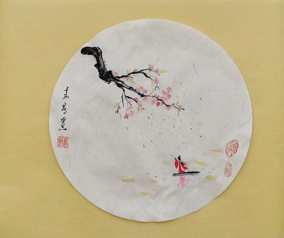 Chinese Painting / Original Brush Painting / Landscape Painting / "Spring Blossoms" / Plum Blossom / Round Shape Painting