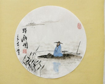 Chinese Painting / Original Brush Painting / Landscape Painting / "Fishing in the river" / Diameter 13" Round Shape