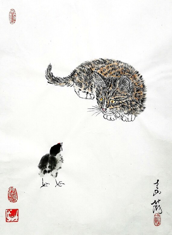 Original Chinese painting brush art, water-ink painting "Kitty & Chick"