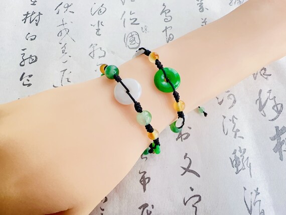 Original Design Natural White & Green Dainty Jade Bracelet/Handmade Amulet Bracelet /Braided Rope Bracelet / Good Luck Bracelet / Adjustable