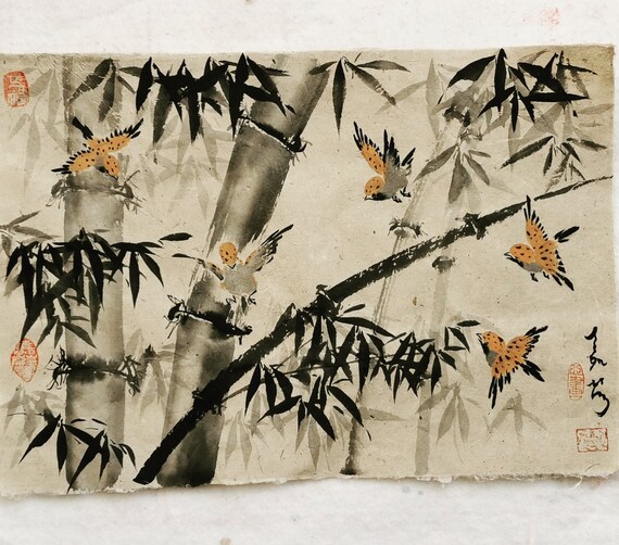 12" x 17"Original Chinese painting on handmade herb paper "Sparrow & Bamboo"#003