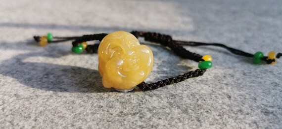 Natural Yellow Jade Carved Happy Buddha Bracelet / Yoga Bracelet / Amulet Bracelet / Braided Rope Bracelet / Good Luck Bracelet / Adjustable