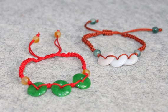Original Design Natural Myanmar Jade Bracelet/ 3 Donut Jade Bracelet /Braided Rope Bracelet / Good Luck Bracelet / Adjustable