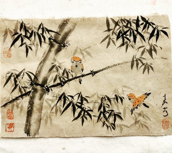 12" x 17"Original Chinese painting on handmade herb paper "Sparrow & Bamboo"#004