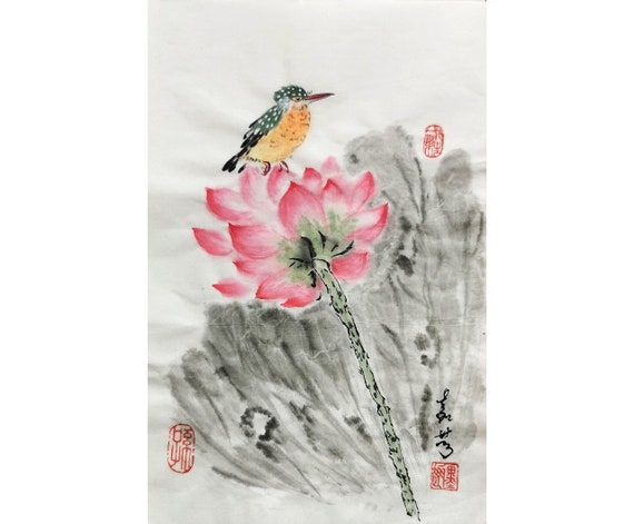 Original Chinese painting,  brush water-ink painting, traditional art "Kingfisher & Lotus"10 x 14"#03