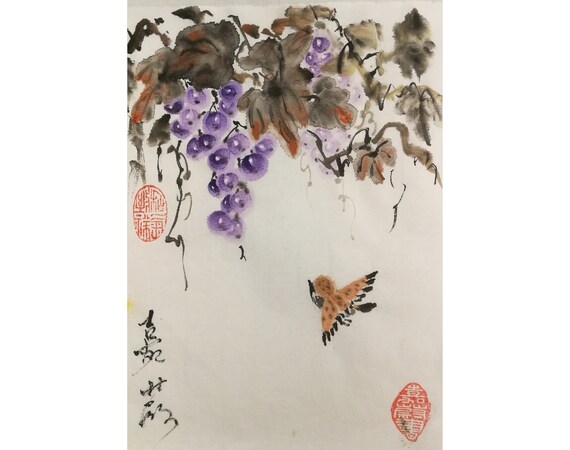 Original Chinese brush water-ink painting "Sparrow & Grape" #002 / 7" x 9"