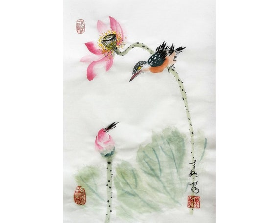Original Chinese painting,  brush water-ink painting, traditional art "Kingfisher, Dragonfly & Lotus"10 x 14"#04
