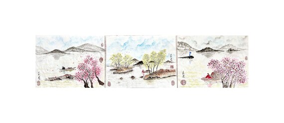 Original Sumi-e Landscape painting / Chinese Traditional art / Hand Painted / Brush Painting / Romantic Landscape Painting /30 x 40cm