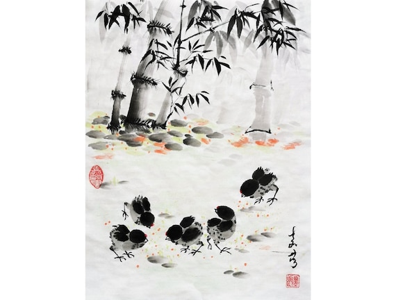 Original Chinese painting, brush water-ink painting, traditional art "5 Chicks in the Bamboo Forest", 12" x 16"