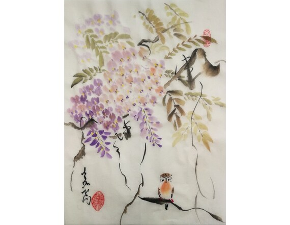 10"x14"Original Chinese brush water-ink painting "Sparrow & Wisteria Flower"#004