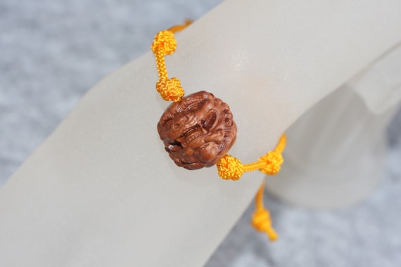 Protection Bracelet / Carved Peach Wood Bead / Ancient Mythical Beast PiQui /Amulet and Good Luck Bracelet / Adjustable