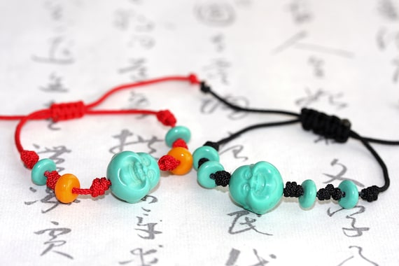 Carved Turquoise Happy Buddha Bracelet / Yoga Bracelet / Amulet Bracelet / Braided Rope Bracelet / Good Luck Bracelet / Adjustable