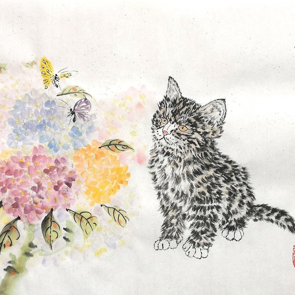 Peinture originale à la main/peinture traditionnelle chinoise/peinture chat/« chaton, papillons et hortensias »