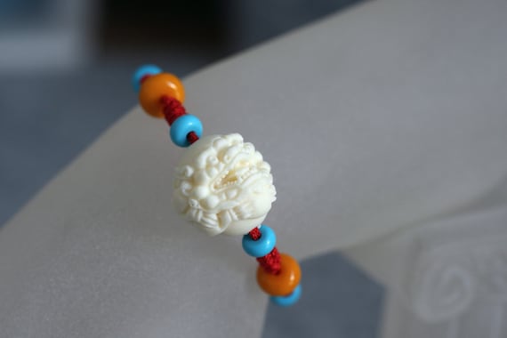 Hand-Carved 貔貅 Pixiu Bracelet, Tagua Nut Bead with Handwoven Cord, vegetable ivory Bead Bracelet, Adjustable 18 - 22cm