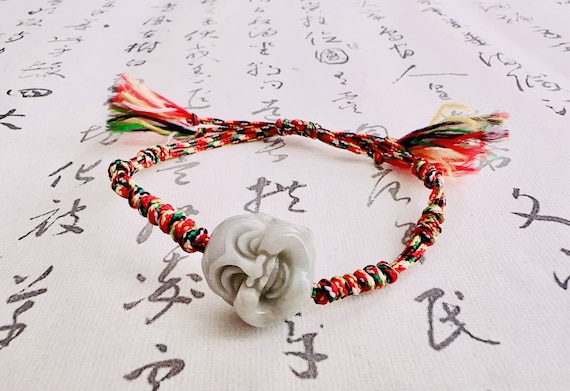 Natural Jade Carved  Happy Buddha Bracelet / Yoga Bracelet / Amulet Bracelet / Braided Rope Bracelet / Good Luck Bracelet / Adjustable