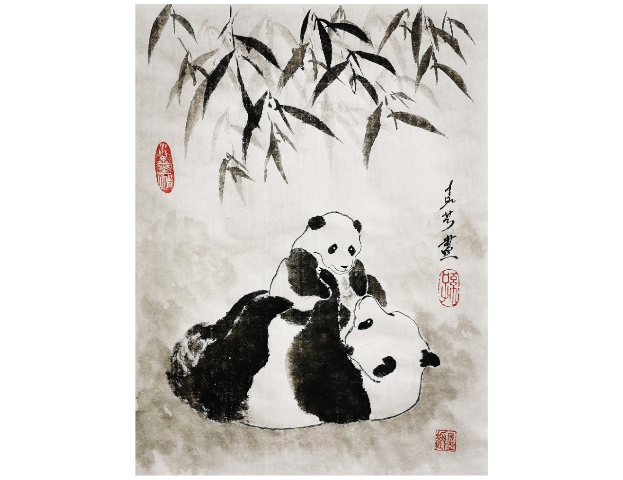 １着でも送料無料 中国水墨画【パンダ]色紙 額縁付き 手描り絵画 博悦堂 - 絵画 描画・絵画