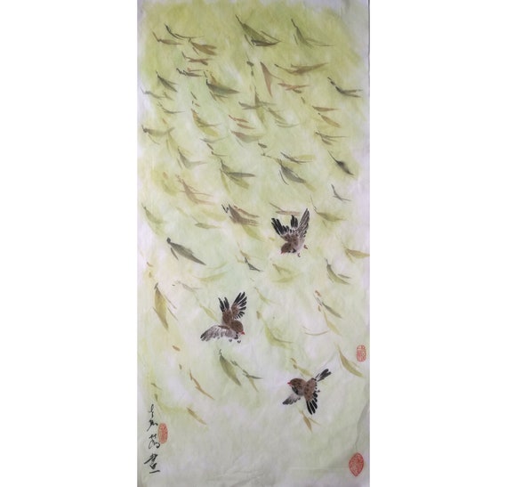 Original Sumi-e painting, brush water-ink painting, Chinese Traditional Art"Happy Spring Breeze"