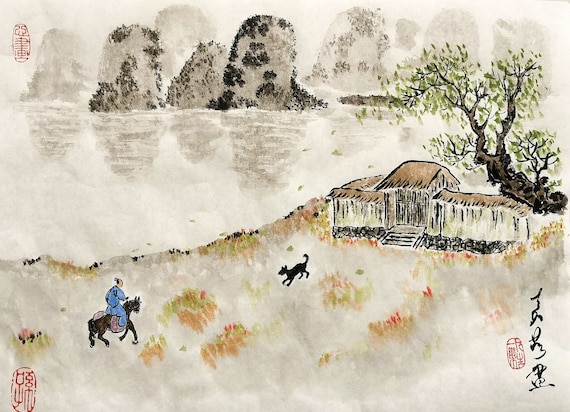 Original Sumi-e Landscape painting / Chinese Traditional art / Hand Painted / Brush Painting / Homeland /30 x 40cm