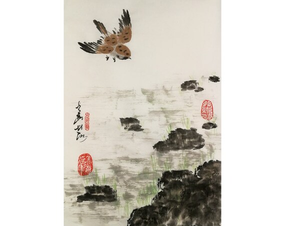 Sparrow Painting / Original Chinese painting / Bird Painting/ Brush water-ink painting, Traditional art "Riverside Grass"