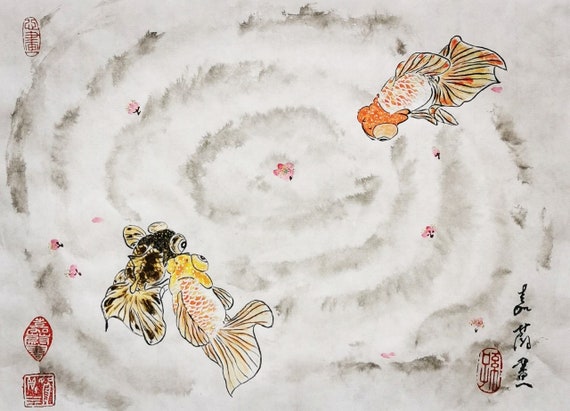 Original Chinese brush water-ink painting "Ripple" -Gold Fish & Lotus /Home Decoration / Auspicious / Good Luck