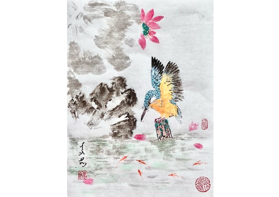 Original Chinese brush painting, Sumi-e traditional art, "Kingfisher, Lotus & Fish" #3, Size "12 x 16" / 30 x 40cm. Customer Order Welcome